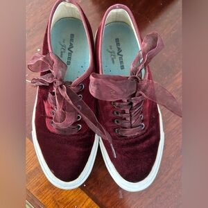 SeaVees for J. Crew Legend Sneakers in midnight cherry velvet. Size 8. Decent